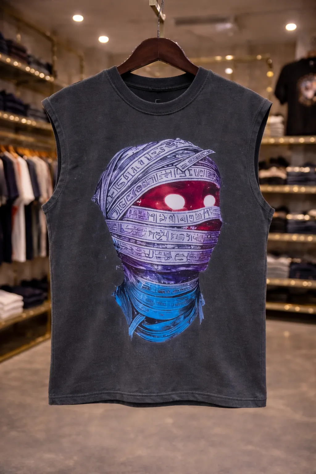 Men's Charcoal Sleeveless Muscle Tee with Mummy Graphic